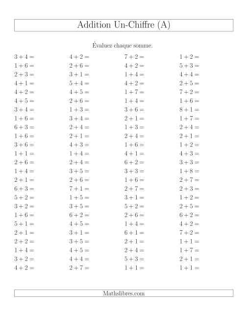 Addition de nombres à un chiffre sans retenue et sans zéro -- 100 par page (A)