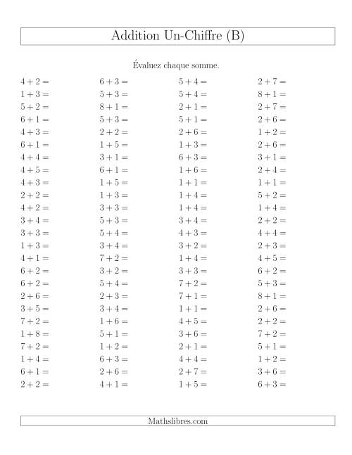 Addition de nombres à un chiffre sans retenue et sans zéro -- 100 par page (B)