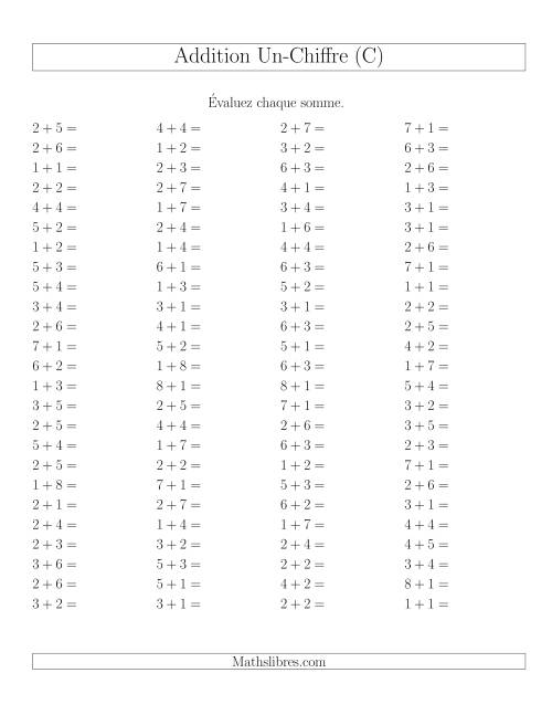 Addition de nombres à un chiffre sans retenue et sans zéro -- 100 par page (C)