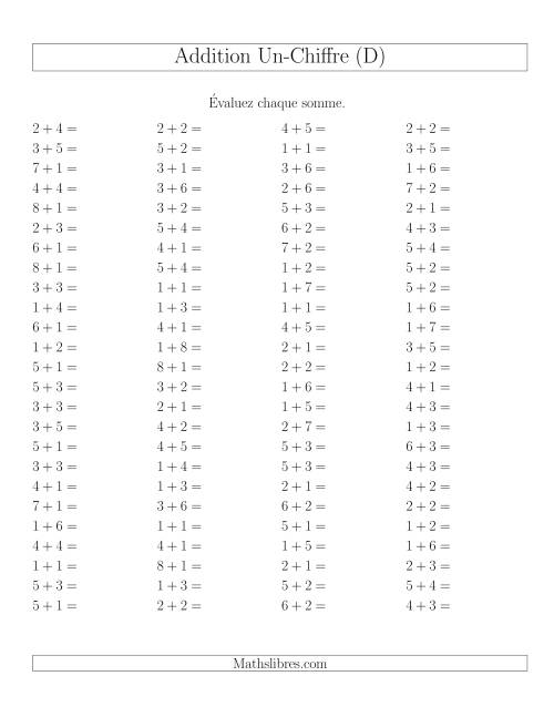 Addition de nombres à un chiffre sans retenue et sans zéro -- 100 par page (D)