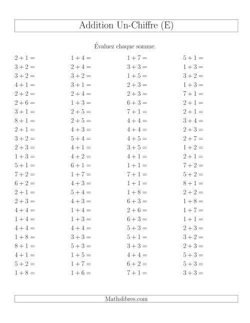 Addition de nombres à un chiffre sans retenue et sans zéro -- 100 par page (E)