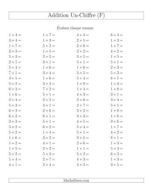 Addition de nombres à un chiffre sans retenue et sans zéro -- 100 par page (F)