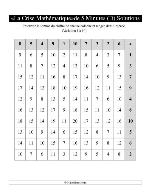 « La crise mathématique » de 5 minutes -- Une grille par page -- Variation 1 à 10 -- Main gauche (D) page 2