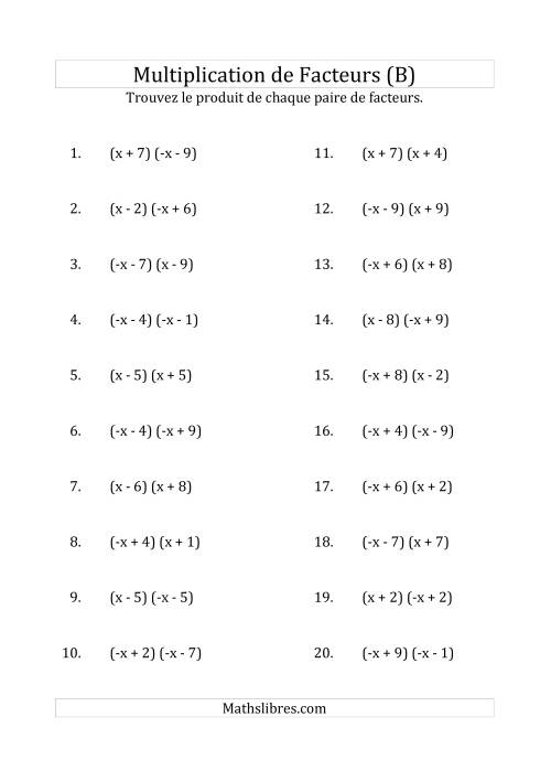Multiplication des Facteurs Quadratiques avec des Coefficients «a» de 1 ou -1 (B)