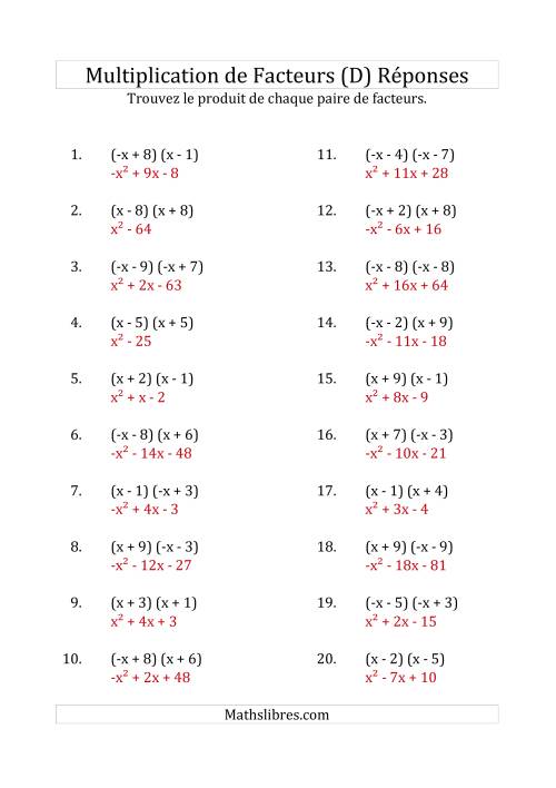 Multiplication des Facteurs Quadratiques avec des Coefficients «a» de 1 ou -1 (D) page 2