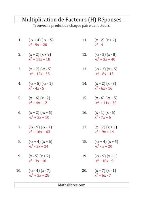 Multiplication des Facteurs Quadratiques avec des Coefficients «a» de 1 ou -1 (H) page 2