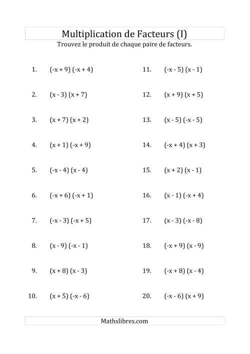 Multiplication des Facteurs Quadratiques avec des Coefficients «a» de 1 ou -1 (I)