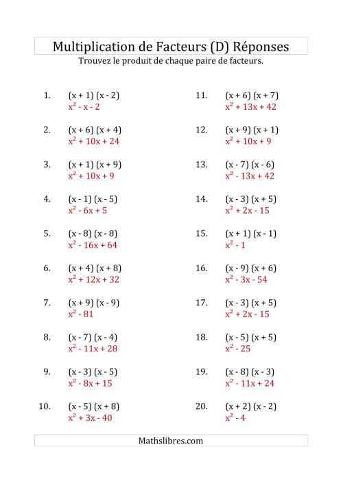 Multiplication des Facteurs Quadratiques avec des Coefficients «a» de 1 (D) page 2