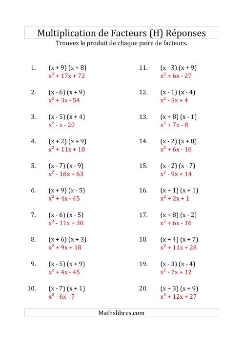 Multiplication des Facteurs Quadratiques avec des Coefficients «a» de 1 (H) page 2