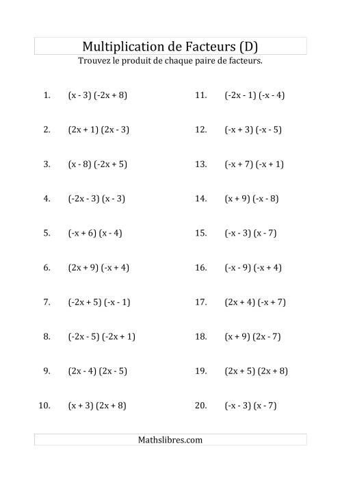 Multiplication des Facteurs Quadratiques avec des Coefficients «a» de 1, -1, 2 ou -2 (D)