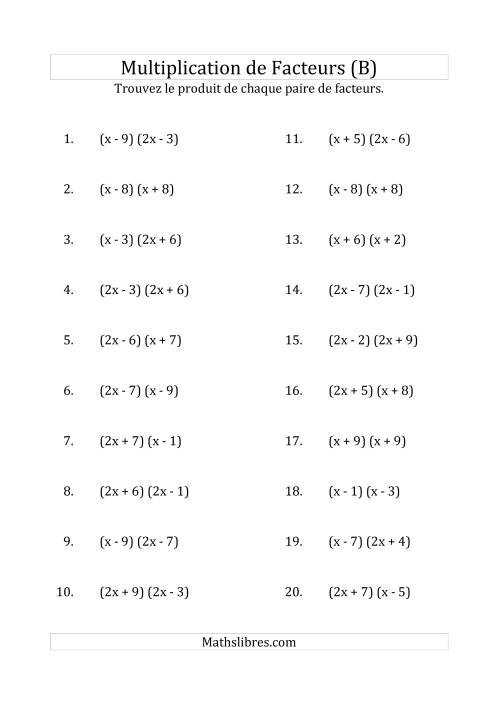 Multiplication des Facteurs Quadratiques avec des Coefficients «a» de 1, ou 2 (B)