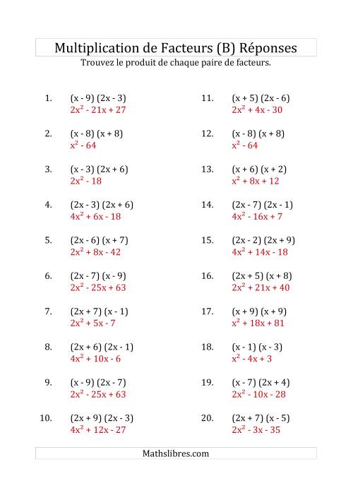 Multiplication des Facteurs Quadratiques avec des Coefficients «a» de 1, ou 2 (B) page 2