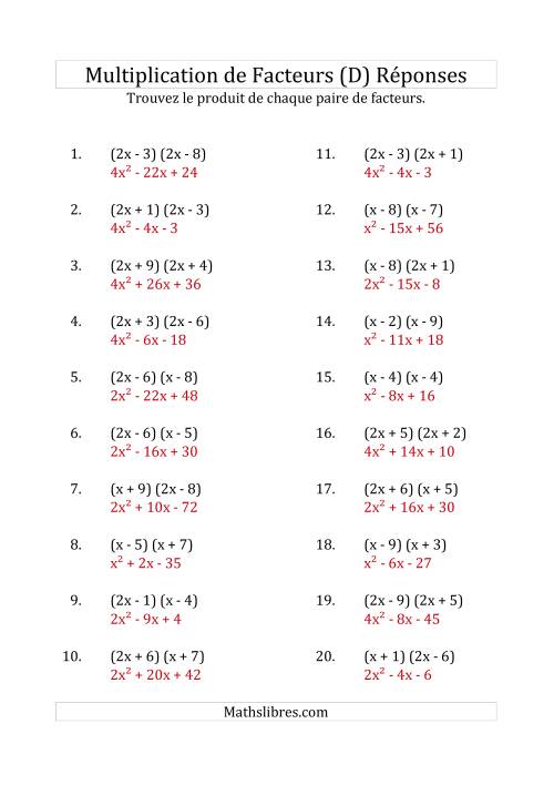 Multiplication des Facteurs Quadratiques avec des Coefficients «a» de 1, ou 2 (D) page 2