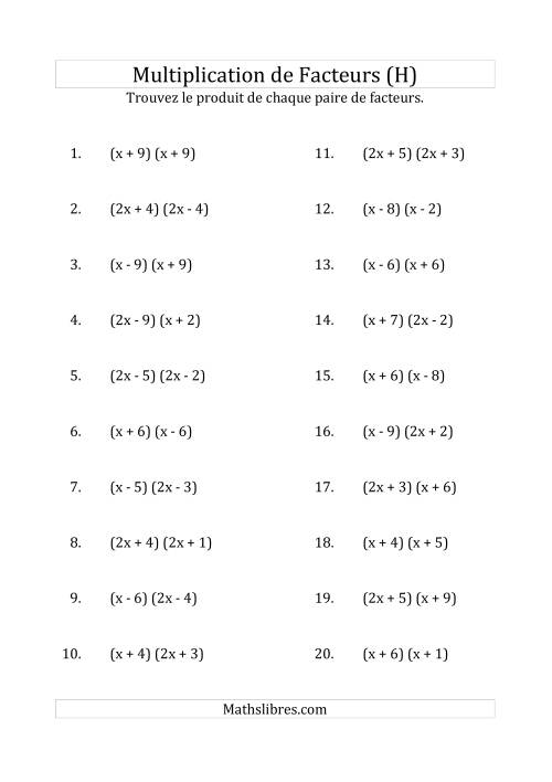 Multiplication des Facteurs Quadratiques avec des Coefficients «a» de 1, ou 2 (H)