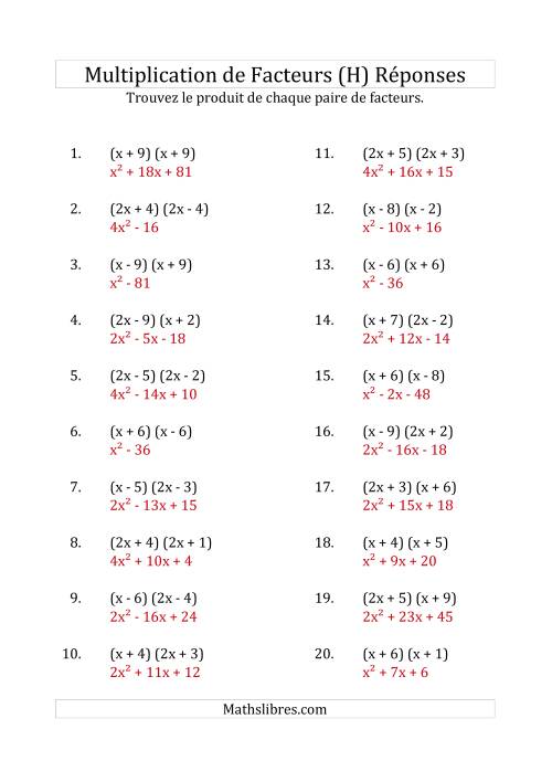 Multiplication des Facteurs Quadratiques avec des Coefficients «a» de 1, ou 2 (H) page 2