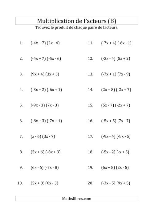 Multiplication des Facteurs Quadratiques avec des Coefficients «a» variant de -9 à 9 (B)