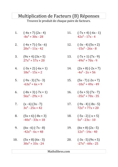 Multiplication des Facteurs Quadratiques avec des Coefficients «a» variant de -9 à 9 (B) page 2