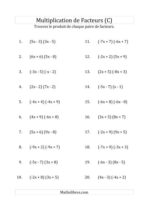 Multiplication des Facteurs Quadratiques avec des Coefficients «a» variant de -9 à 9 (C)