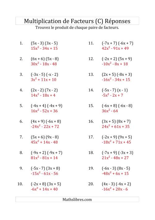 Multiplication des Facteurs Quadratiques avec des Coefficients «a» variant de -9 à 9 (C) page 2