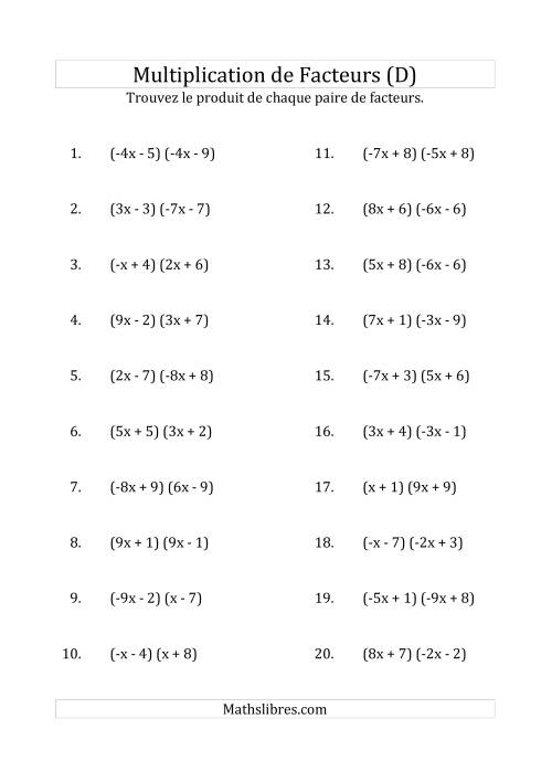 Multiplication des Facteurs Quadratiques avec des Coefficients «a» variant de -9 à 9 (D)
