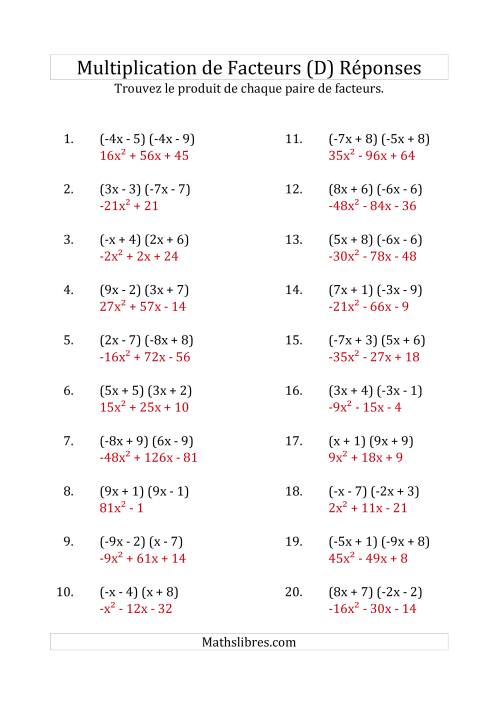 Multiplication des Facteurs Quadratiques avec des Coefficients «a» variant de -9 à 9 (D) page 2