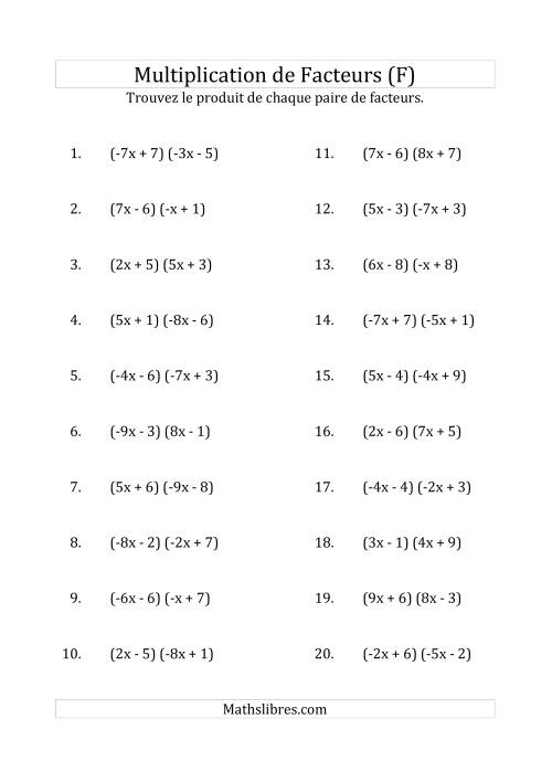 Multiplication des Facteurs Quadratiques avec des Coefficients «a» variant de -9 à 9 (F)