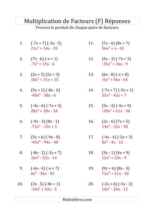 Multiplication des Facteurs Quadratiques avec des Coefficients «a» variant de -9 à 9 (F) page 2