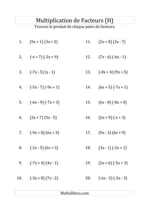 Multiplication des Facteurs Quadratiques avec des Coefficients «a» variant de -9 à 9 (H)