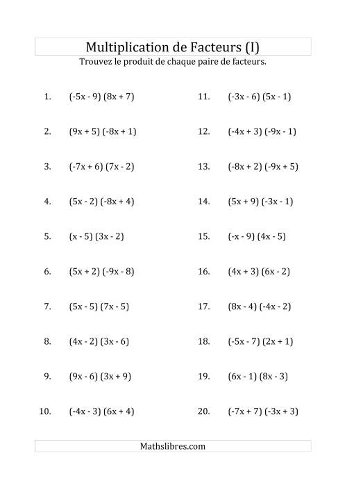 Multiplication des Facteurs Quadratiques avec des Coefficients «a» variant de -9 à 9 (I)