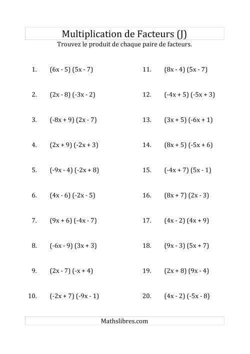 Multiplication des Facteurs Quadratiques avec des Coefficients «a» variant de -9 à 9 (J)