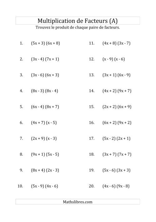 Multiplication des Facteurs Quadratiques avec des Coefficients «a» variant jusqu'à 9 (A)