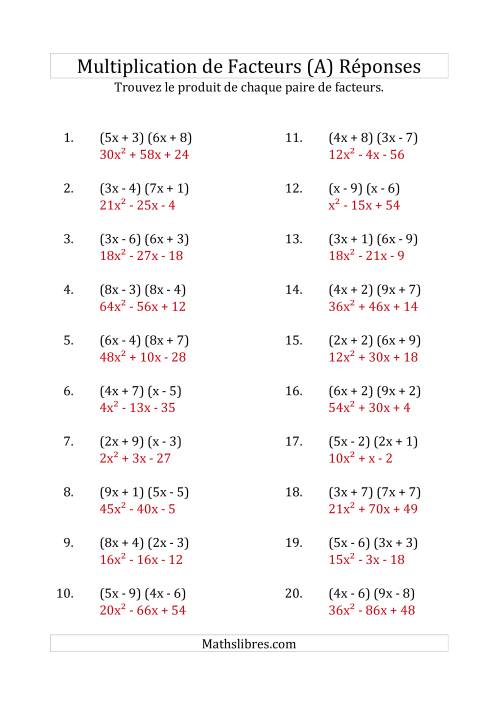 Multiplication des Facteurs Quadratiques avec des Coefficients «a» variant jusqu'à 9 (A) page 2