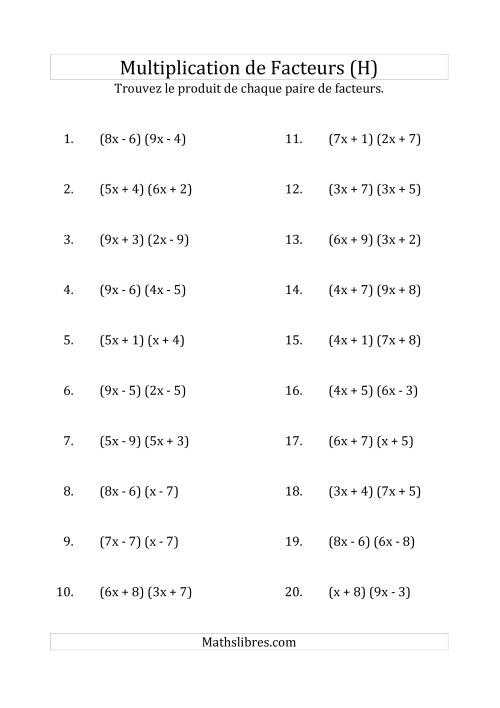 Multiplication des Facteurs Quadratiques avec des Coefficients «a» variant jusqu'à 9 (H)
