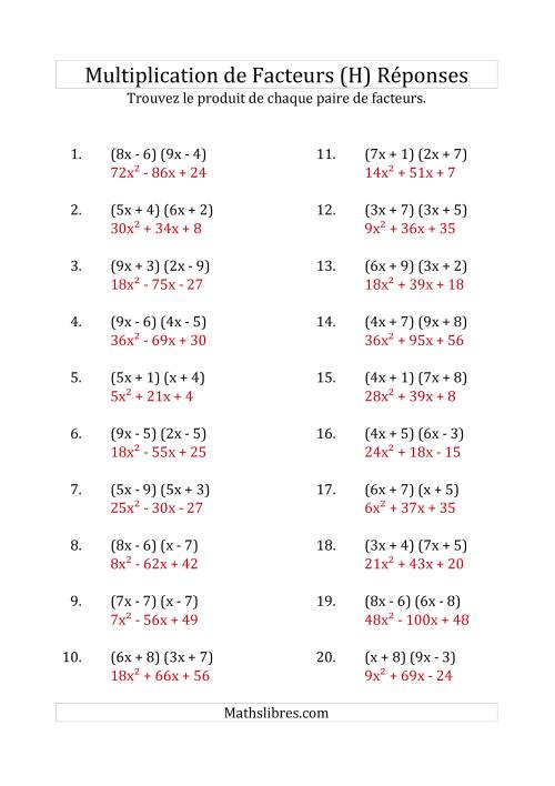 Multiplication des Facteurs Quadratiques avec des Coefficients «a» variant jusqu'à 9 (H) page 2