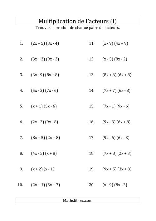 Multiplication des Facteurs Quadratiques avec des Coefficients «a» variant jusqu'à 9 (I)