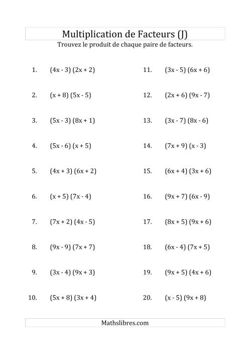 Multiplication des Facteurs Quadratiques avec des Coefficients «a» variant jusqu'à 9 (J)
