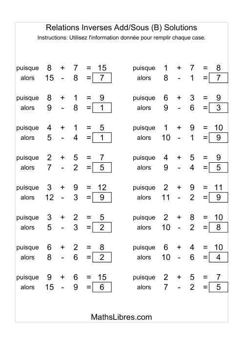Relations Inverses -- Addition et Soustraction -- Variation 1 à 9 (B) page 2