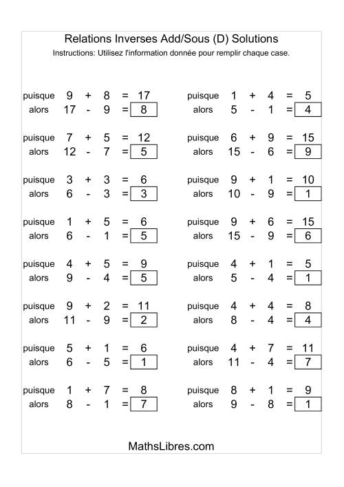 Relations Inverses -- Addition et Soustraction -- Variation 1 à 9 (D) page 2