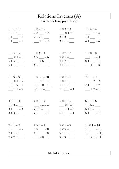 Relations Inverses -- Multiplication et Division -- Un Chiffre Vedette par Page (Jusqu'à 10) -- 1 (A)