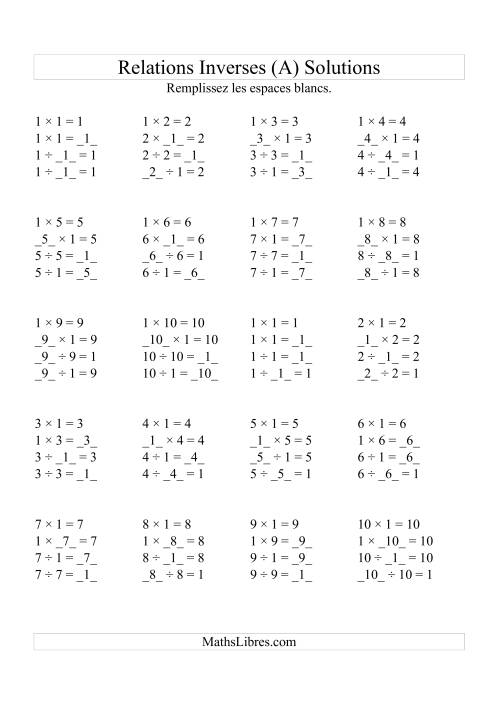 Relations Inverses -- Multiplication et Division -- Un Chiffre Vedette par Page (Jusqu'à 10) -- 1 (A) page 2