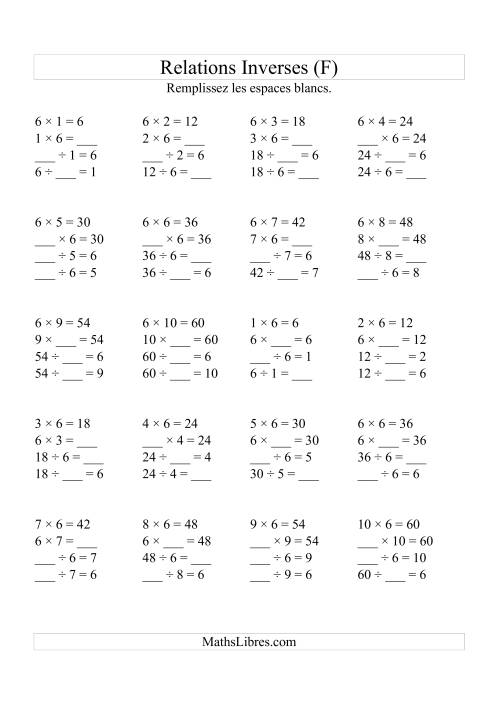 Relations Inverses -- Multiplication et Division -- Un Chiffre Vedette par Page (Jusqu'à 10) -- 6 (F)