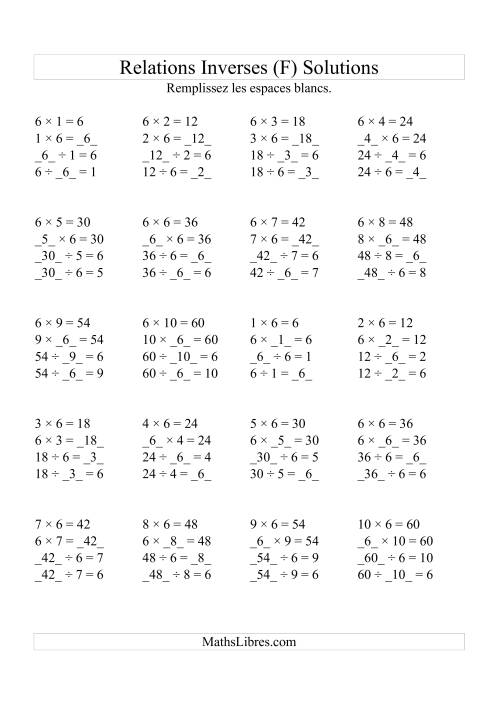 Relations Inverses -- Multiplication et Division -- Un Chiffre Vedette par Page (Jusqu'à 10) -- 6 (F) page 2