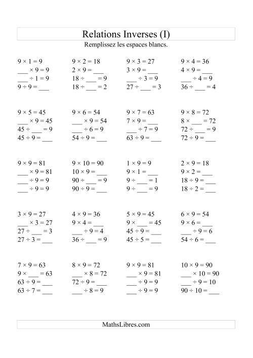 Relations Inverses -- Multiplication et Division -- Un Chiffre Vedette par Page (Jusqu'à 10) -- 9 (I)