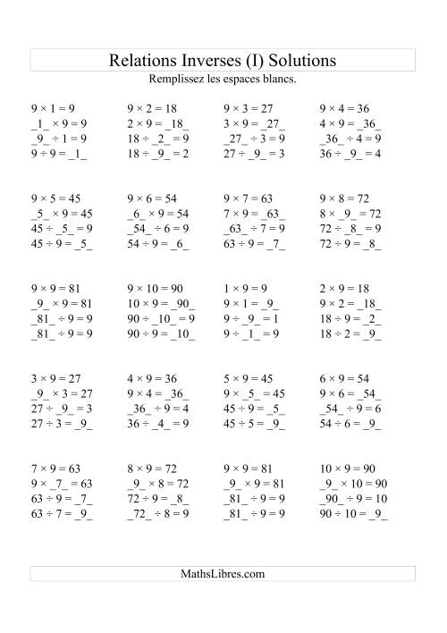 Relations Inverses -- Multiplication et Division -- Un Chiffre Vedette par Page (Jusqu'à 10) -- 9 (I) page 2