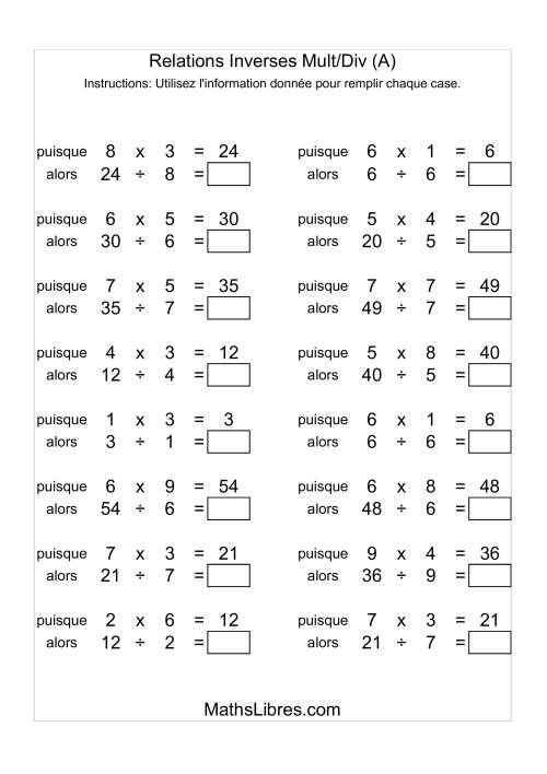 Relations Inverses -- Multiplication et Division -- Variation 1 à 9 (A)