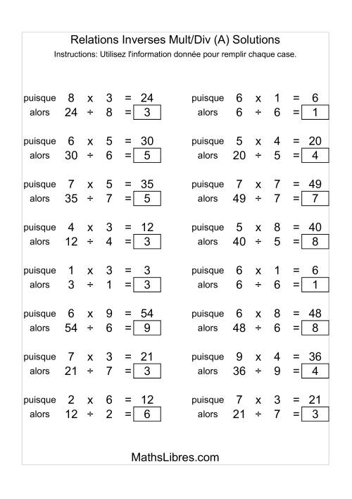 Relations Inverses -- Multiplication et Division -- Variation 1 à 9 (A) page 2