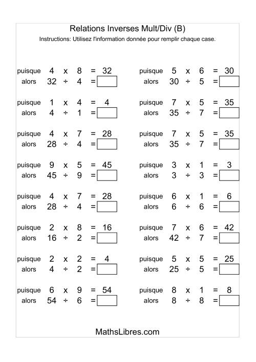 Relations Inverses -- Multiplication et Division -- Variation 1 à 9 (B)