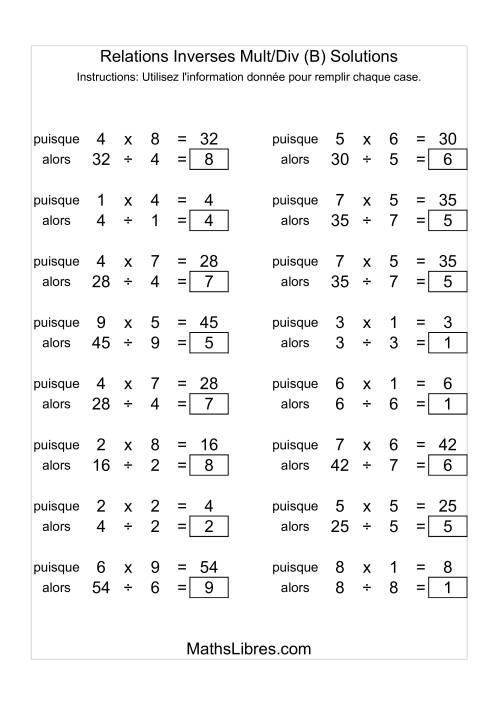Relations Inverses -- Multiplication et Division -- Variation 1 à 9 (B) page 2