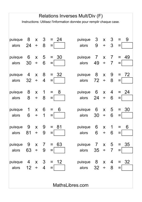 Relations Inverses -- Multiplication et Division -- Variation 1 à 9 (F)