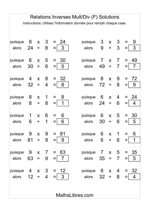 Relations Inverses -- Multiplication et Division -- Variation 1 à 9 (F) page 2